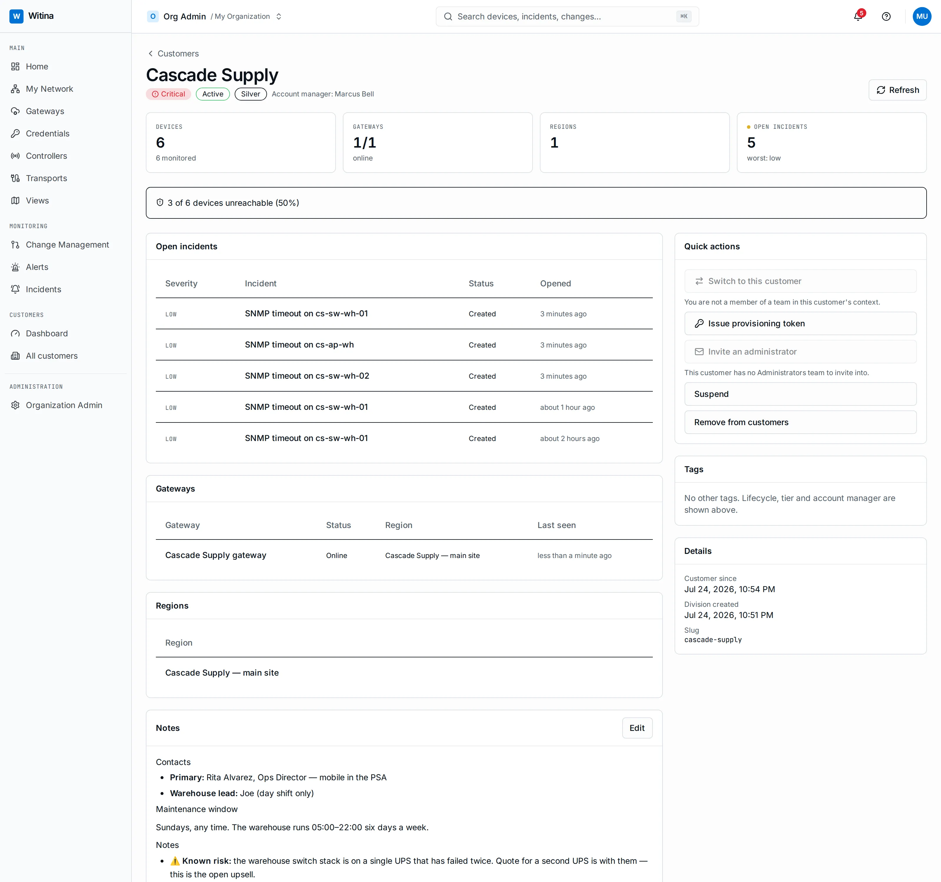 A single customer's page: health rollup, their regions and gateways, open incidents, the notes runbook, and quick actions