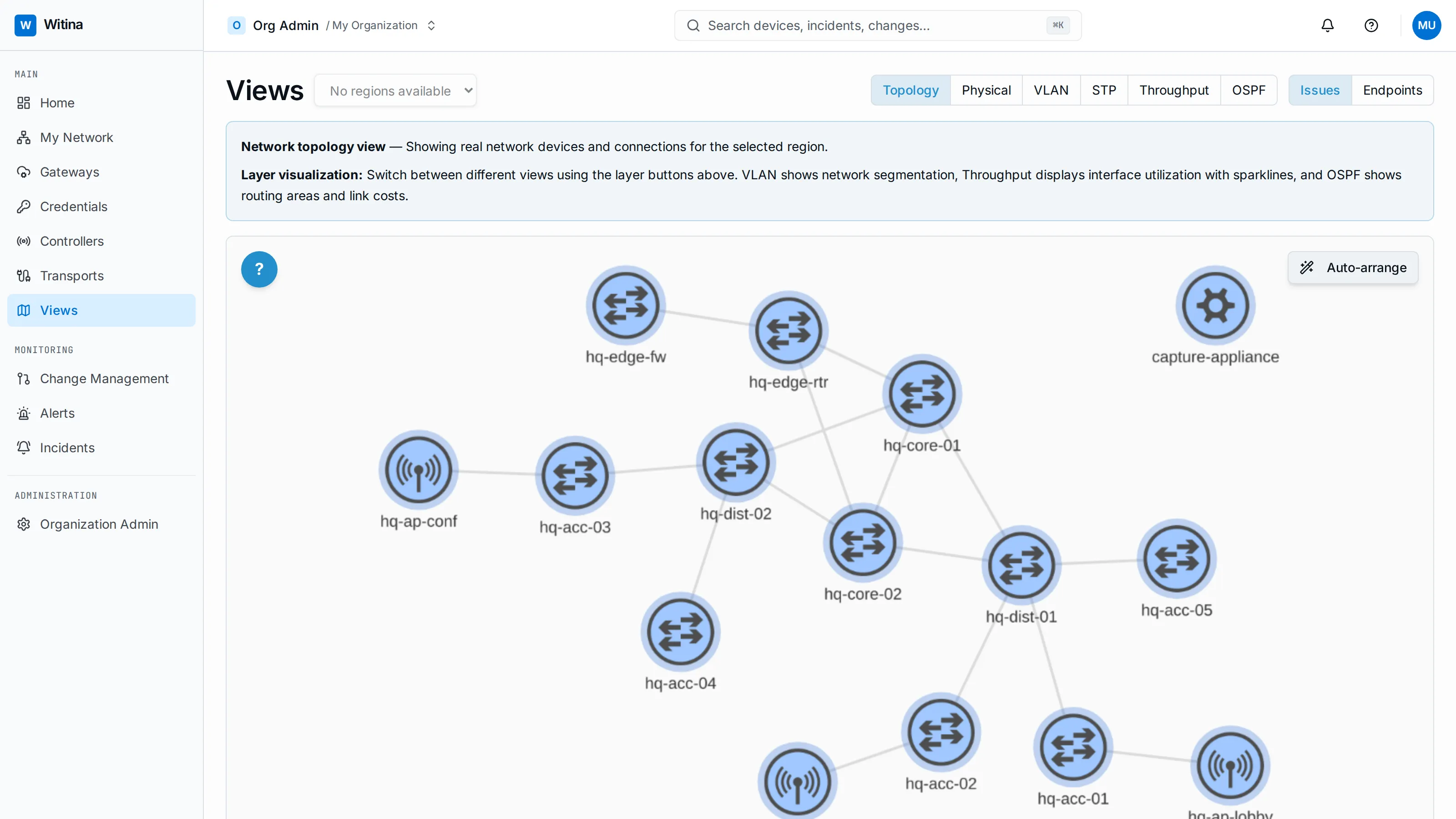 Witina AI topology view — devices and links discovered automatically